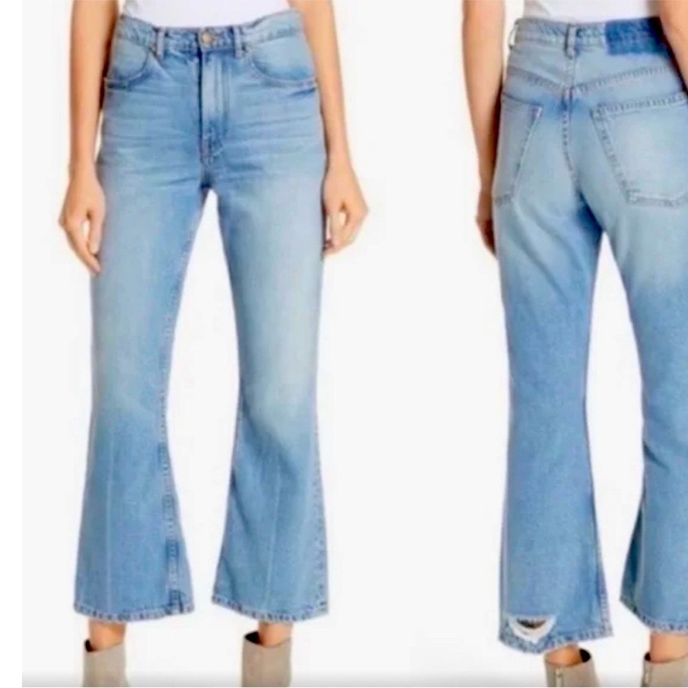 The Great. The Western Crop In Washed Medium Blue Relaxed Fit Distressed SZ 25